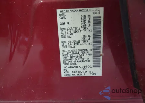 2010 Nissan Xterra Off Road z USA, uszkodzony, nr VIN 5N1AN0NWXAC514601